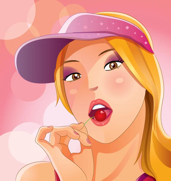 Pretty Girl Eat Cherry — Stock Vector