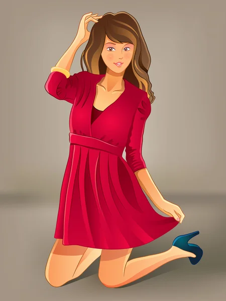 Hübsches Mädchen mit rotem Kleid — Stockvektor
