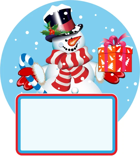 Leeg teken. sneeuwpop met cadeau — Stockvector