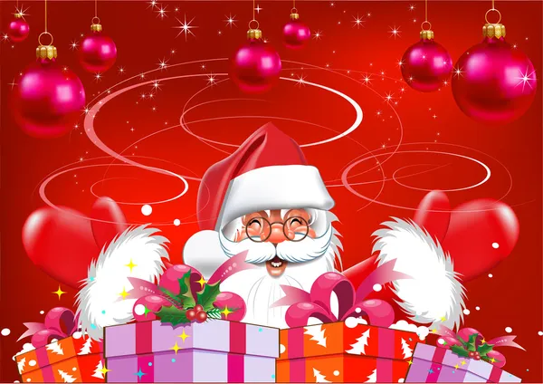 Weihnachten. Weihnachtsmann mit Geschenken. roter Hintergrund — Stockvektor