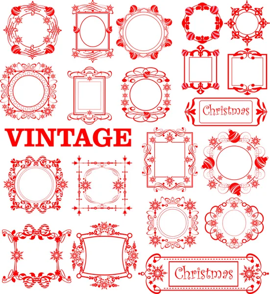 Christmas. Calligraphy. Set of vintage frames. Red color. — Stock Vector