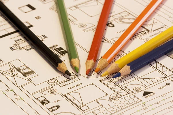 Home plans with colorful pencil — Stock Photo, Image