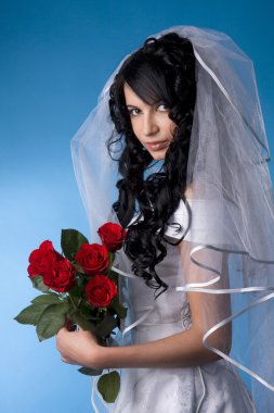 Brunette bride with red roses clipart