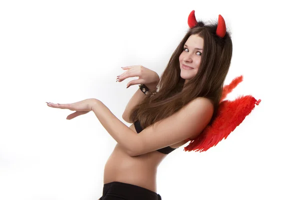 Meisje met rode duivel vleugels — Stockfoto