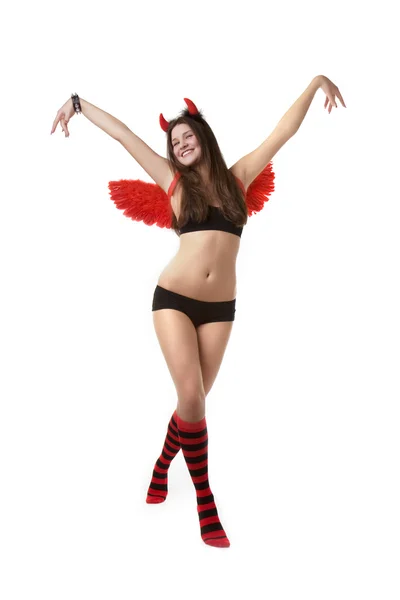 Meisje met rode duivel vleugels — Stockfoto