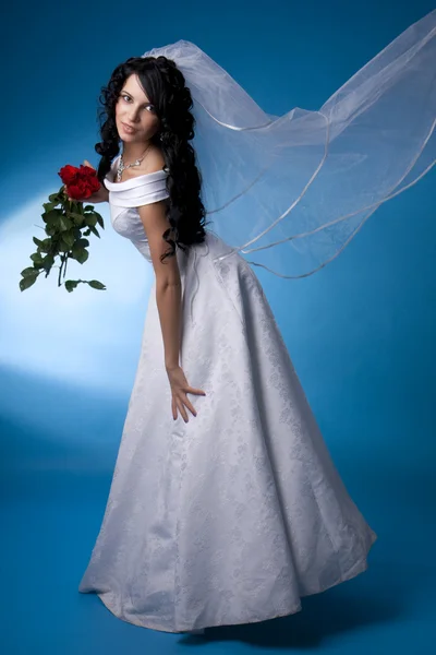 赤いバラとブルネットの花嫁 — ストック写真