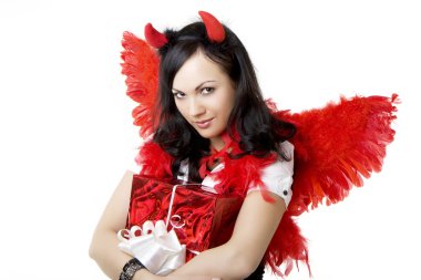 Girl in a devil costume with a gift clipart