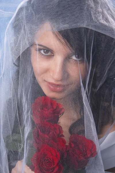 Brunette noiva com rosas vermelhas — Fotografia de Stock