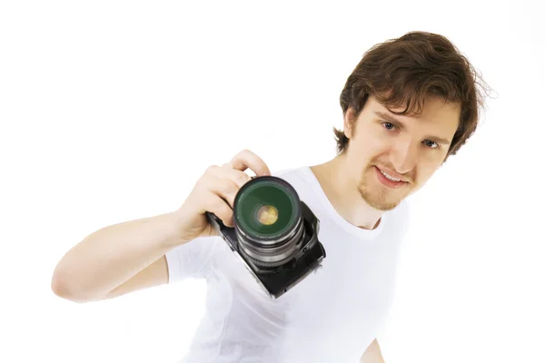 Fotograaf op een witte achtergrond — Stockfoto