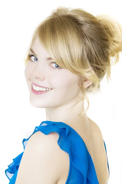 Lachende blond meisje in blauw — Stockfoto