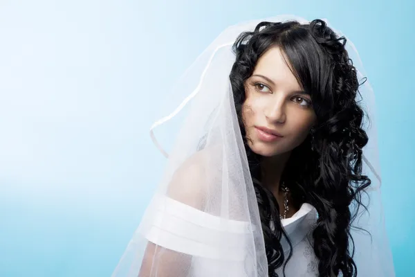 青色の背景に美しいブルネットの花嫁 — ストック写真