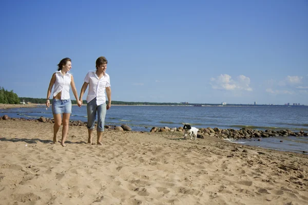 Gli amanti che camminano con un cane sulla spiaggia — Foto Stock