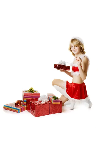 Santa menina com presentes no fundo branco — Fotografia de Stock