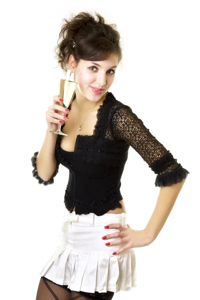 Girl model with a glass of champagne — Stock Photo, Image