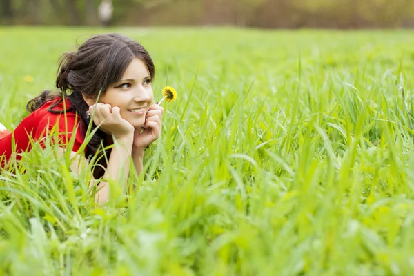 Hermosa chica acostada en la hierba — Foto de Stock