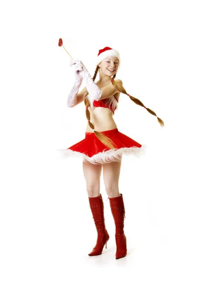 Noel Baba kız beyaz zemin üzerine — Stok fotoğraf