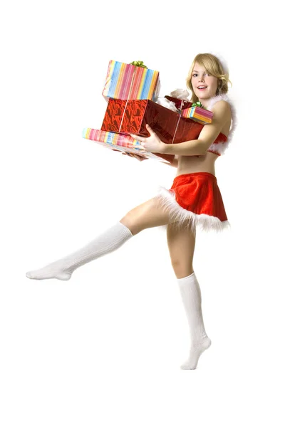 Santa ragazza con regali su sfondo bianco — Foto Stock
