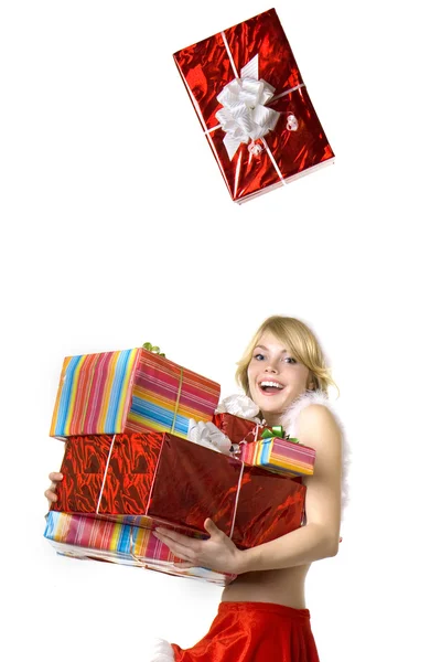 Santa flicka med presenterar på vit bakgrund — Stockfoto
