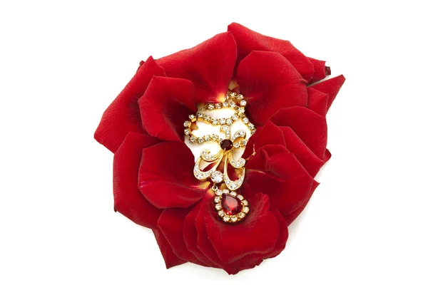 Halskette an den Blütenblättern roter Rosen — Stockfoto