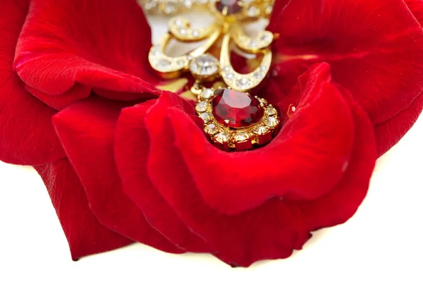 Necklace on the petals of red roses — Stock Photo, Image