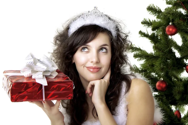 Santa flicka distribution lådor med gåvor — Stockfoto