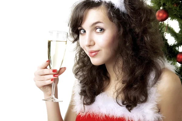 Santa meisje met een glas champagne — Stockfoto