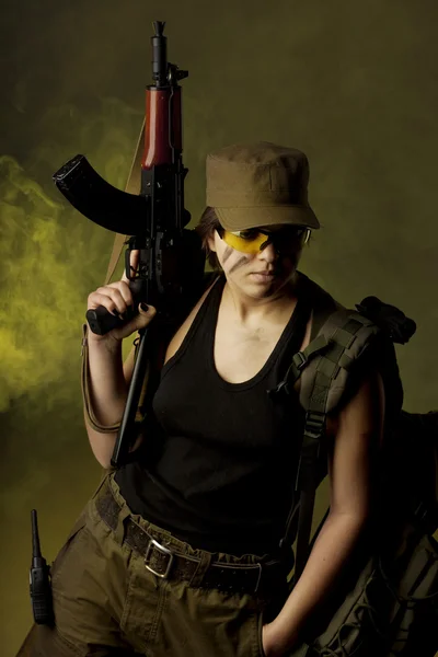 Girl soldiers in the smoke — Stock Photo, Image
