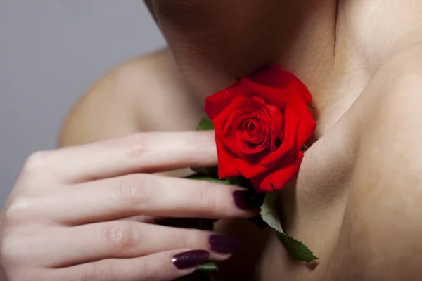 Beautiful rose touches the female neck — Stock Photo, Image