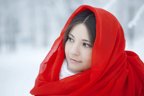 Vacker flicka i vinter skog i rött — Stockfoto