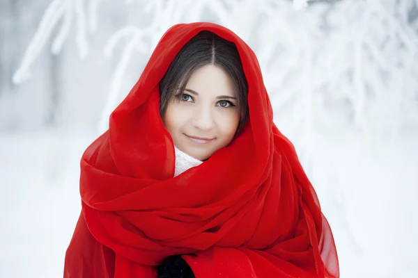 Krásná dívka v zimním lese v červené barvě — Stock fotografie