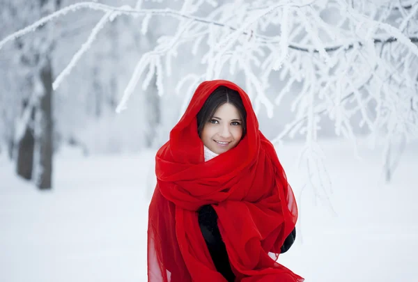 Hermosa chica en el bosque de invierno en rojo —  Fotos de Stock
