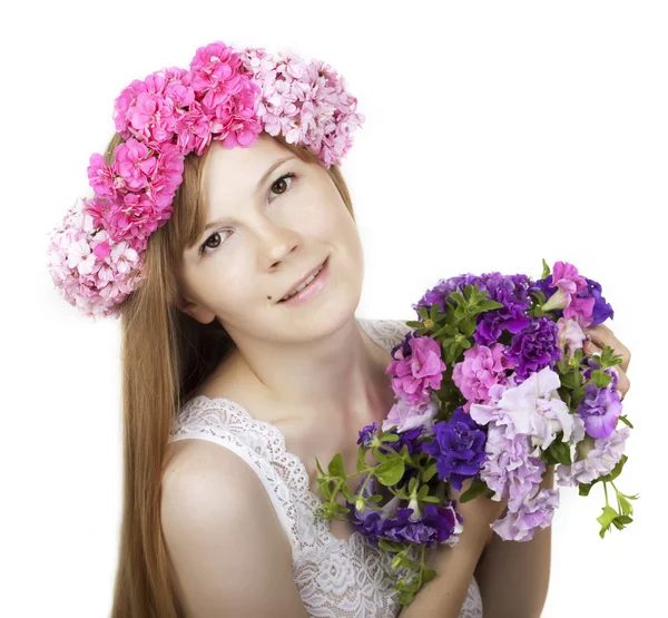 Žena s věncem květů — Stock fotografie