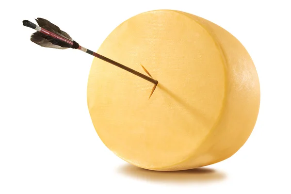 Cheese on white background with arrow — Stock Photo, Image