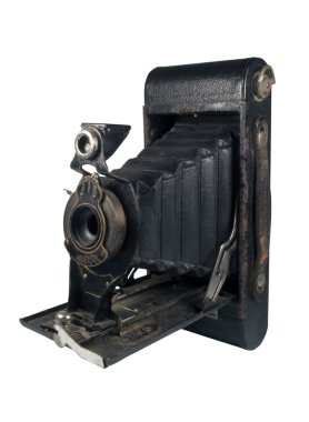izole beyaz zemin üzerine eski vintage katlanabilir fotoğraf makinesi