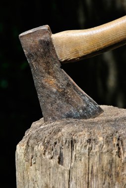Bir kesme blok closeup sıkışmış eski oduncu'nın balta