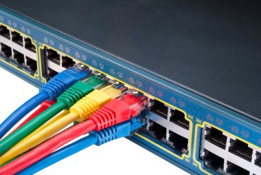 geçiş yapmak için renkli bağlı ethernet ağ kabloları izole