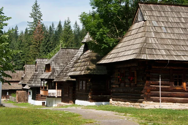 Rij van traditionele houten huizen met houten dak — Stockfoto