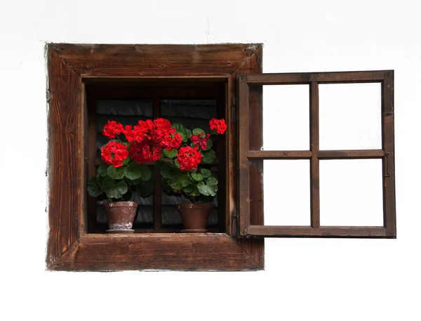 stock image Opened Traditional Wodden Window with Red Flowers