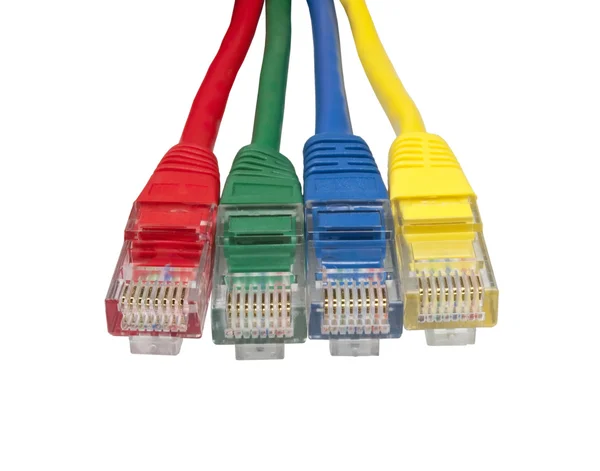 Set of four brightly multi coloured ethernet network plugs — Stock Photo, Image