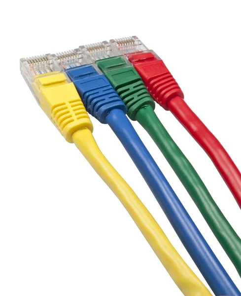 Set of four brightly multi coloured ethernet network plugs — Stock Photo, Image