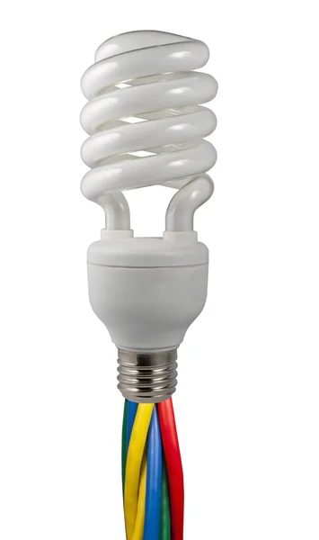 Цветные кабели, прикрепленные к люминесцентной лампочке — стоковое фото