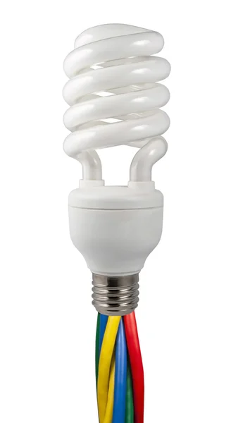 Cables de colores conectados a una bombilla fluorescente —  Fotos de Stock