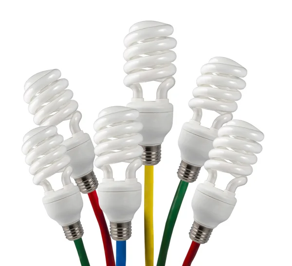 Parlak fikirler - floresan ampulleri bir renkli ağ kablosu bağlı — Stok fotoğraf