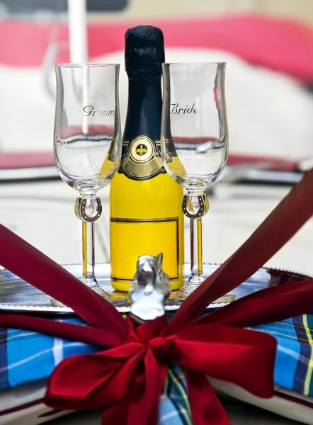 Groom & Bride Wedding Glasses and Yellow Champagne Bottle — Stock Photo, Image