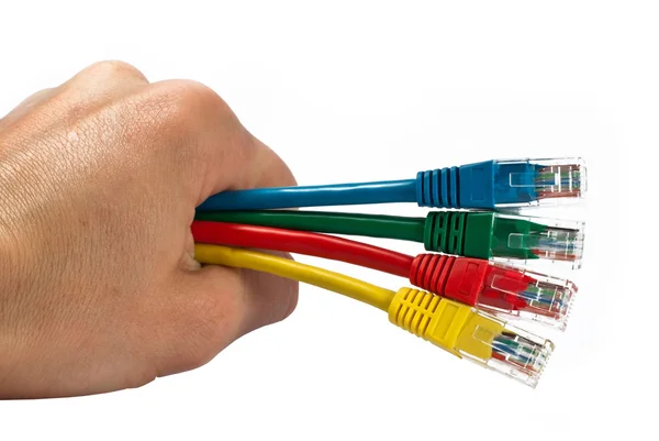 手举行四个多彩色隔离的网络电缆 — 图库照片