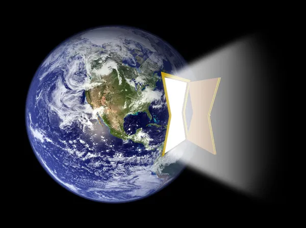 Portale della porta aperta con luce luminosa collegata all'emisfero occidentale della Terra — Foto Stock
