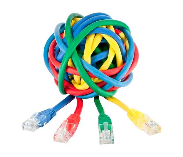 Ball aus farbigen Netzwerkkabeln und Steckern isoliert auf weiß — Stockfoto