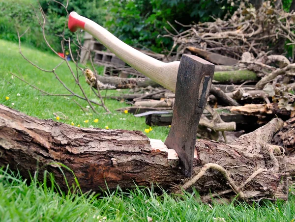 Резка древесины - топор застрял в дереве на траве — стоковое фото
