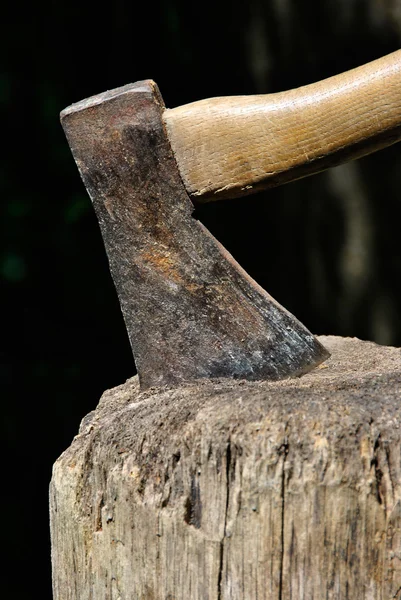 Old Lumberjack's Axe stuck in a chopping block closeup — Stock Photo, Image
