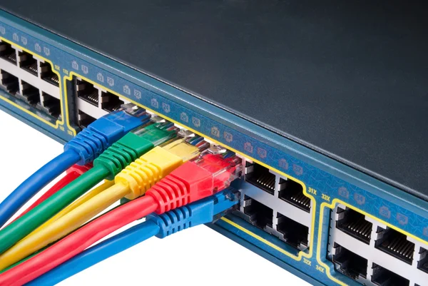 Цветные сетевые кабели Ethernet, подключенные к коммутатору — стоковое фото